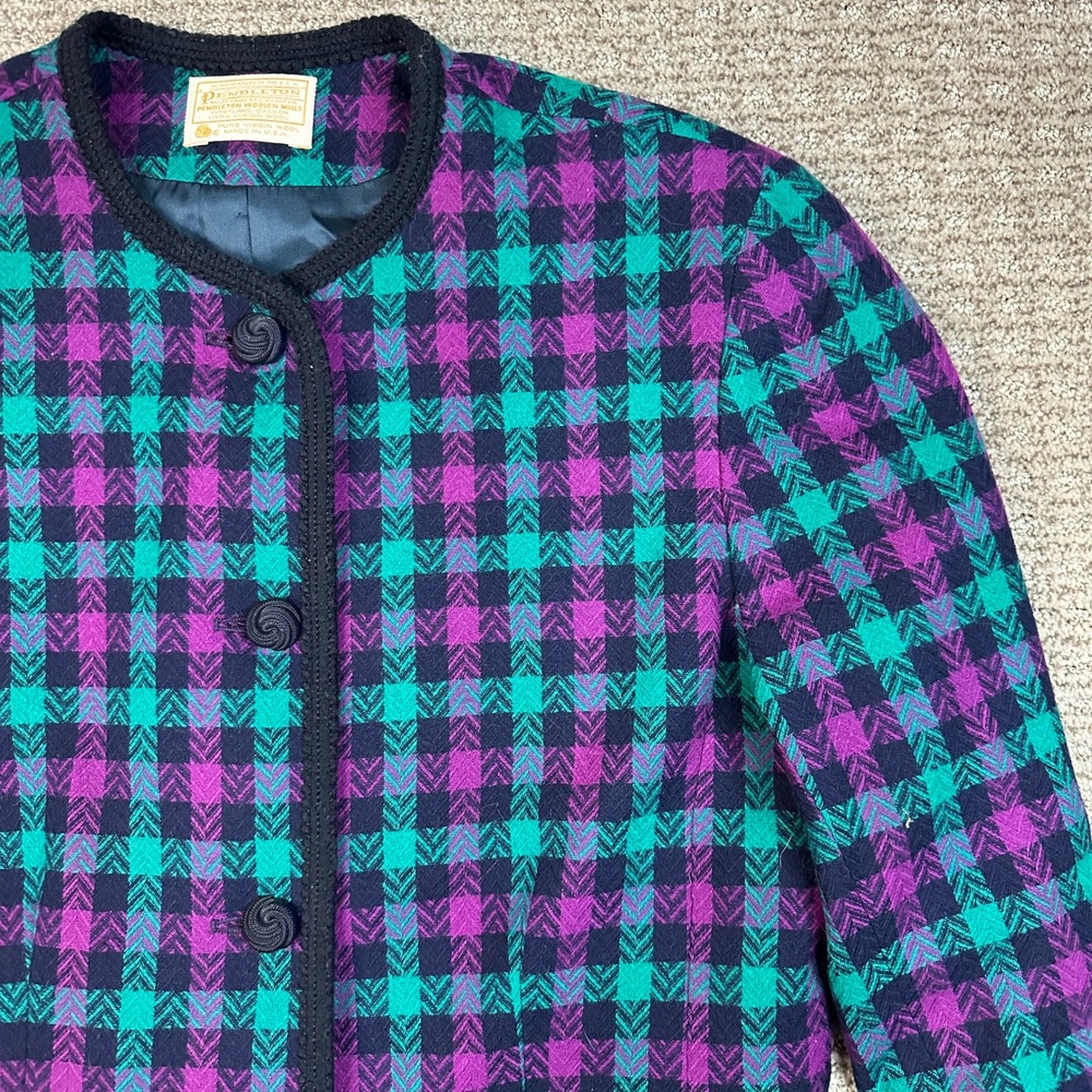 Vintage Pendleton Wool Blazer Jacket Purple Teal Check Plaid Collarless USA 100% - Picture 5 of 8